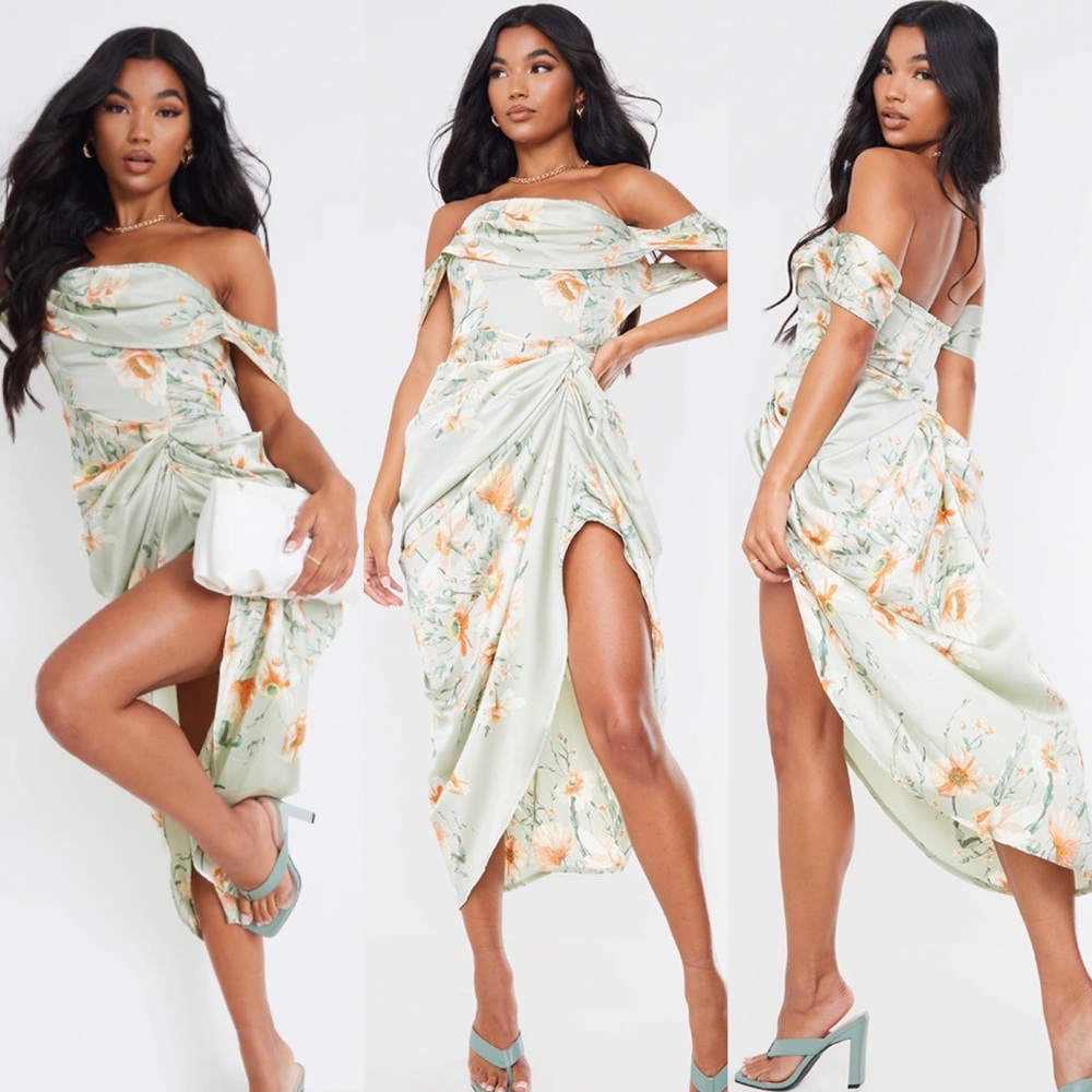 Pretty Little Things Sage Satin Floral Drape Bardot Dress